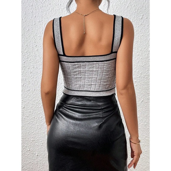 Plazacore preppy Contrast Trim Button Detail Crop Knit Top tan - Picture 9 of 11